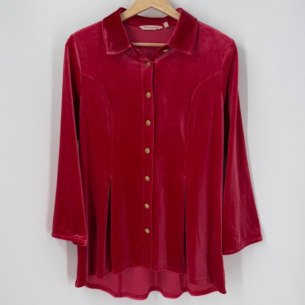 Soft Surroundings Womens Blouse SZ Small Pink Velvet Button Front Top Holiday